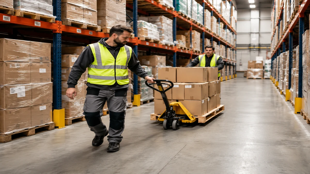 Warehouse operatives moving boxed goods on a pallet truck in a warehouse aisle