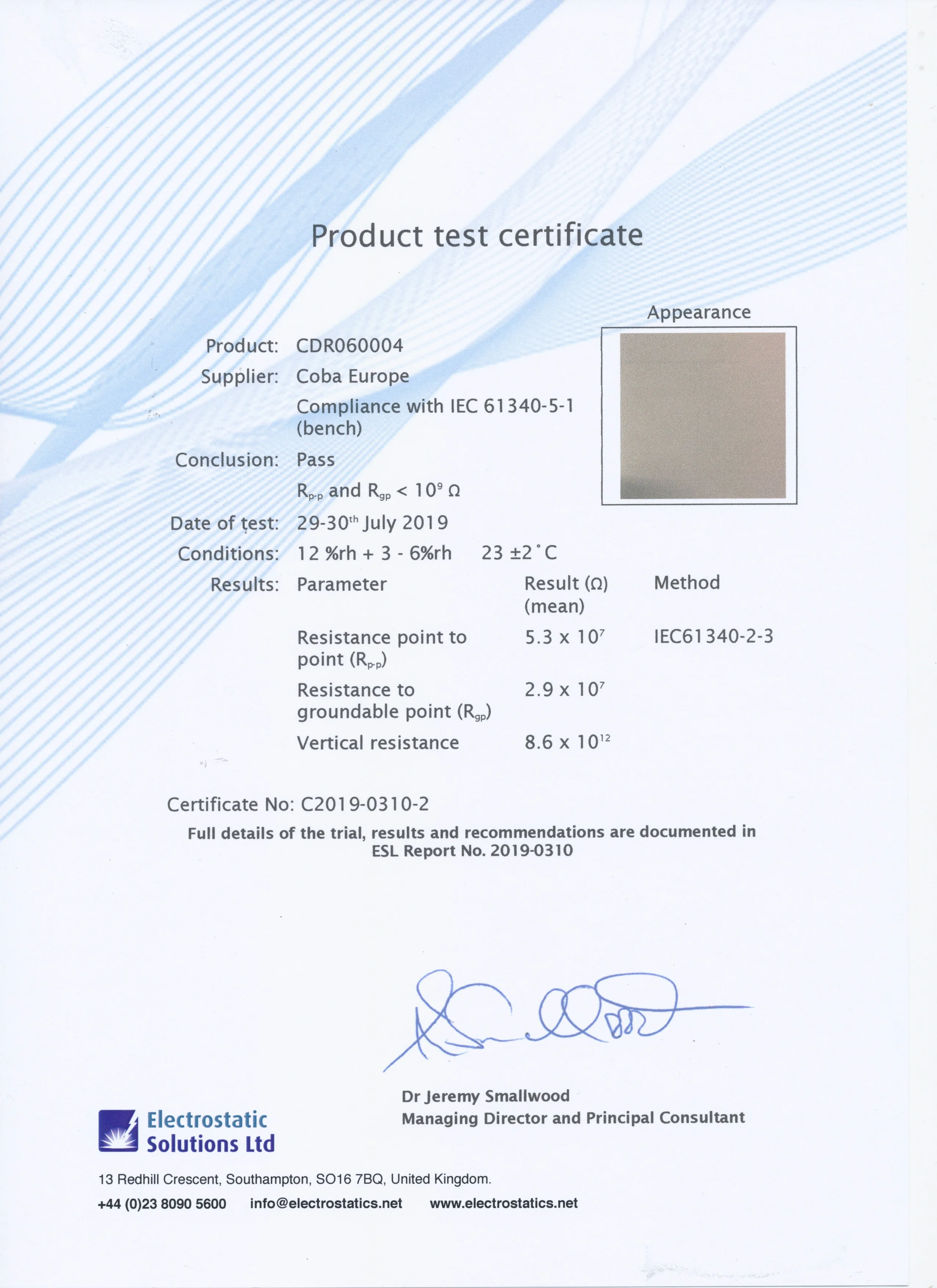 Testing Certificate