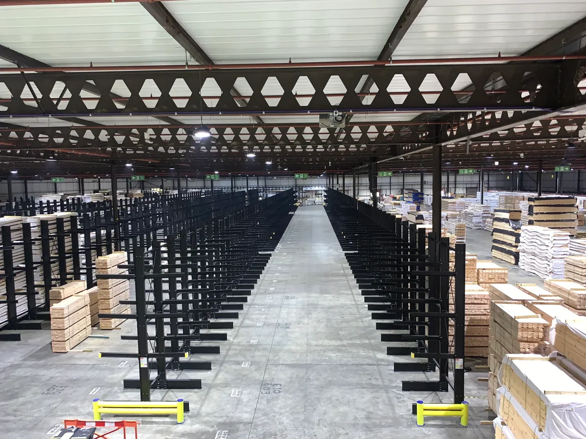 Large industrial cantilever racking installation supplied by Premier Storage and Office Solutions