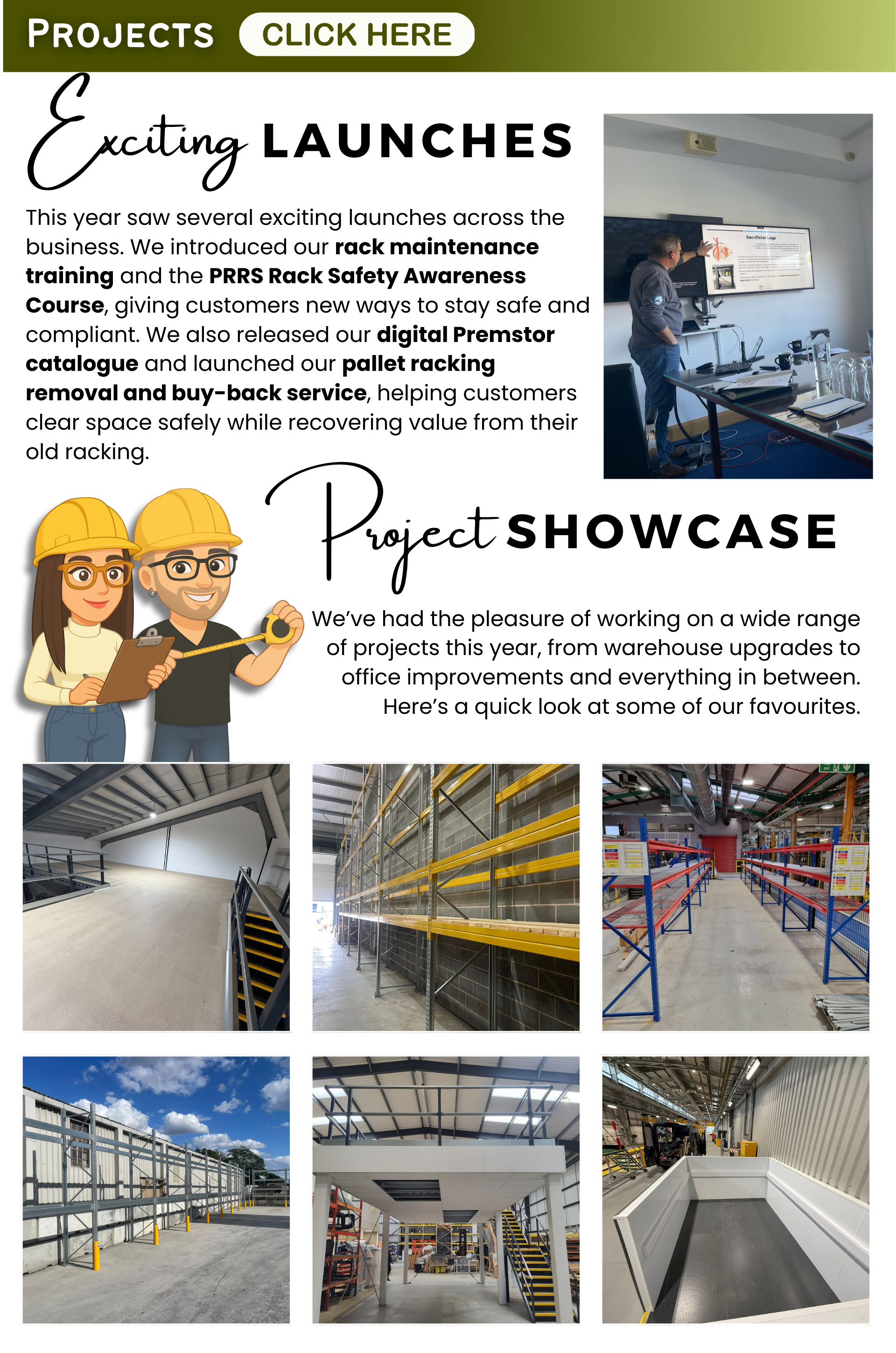 Premier Storage projects highlighting rack maintenance training, PRRS course launch and pallet racking installations.