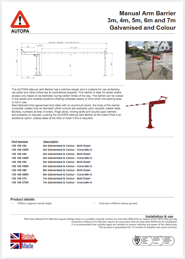 Specification AUTOPA Manual Arm Barrier Specification AUTOPA Manual Arm Barrier