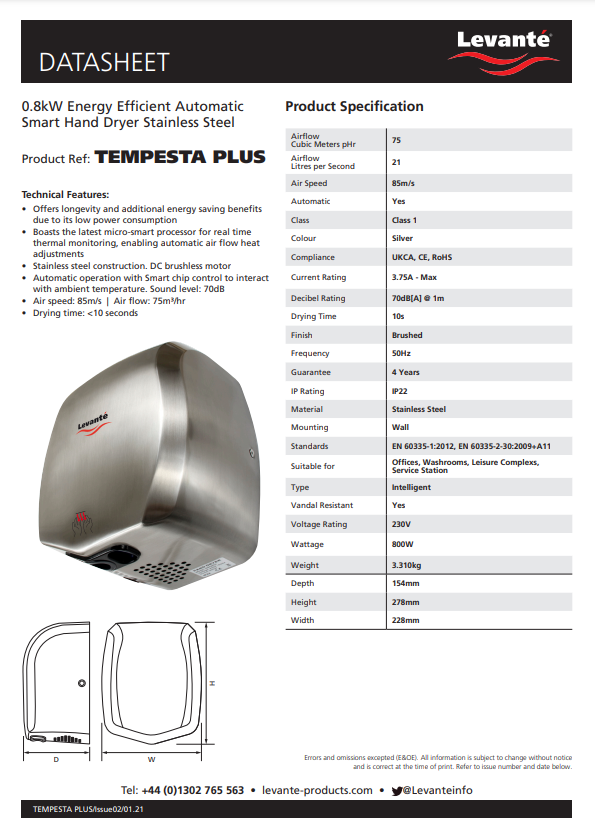 levante automatic hand dryer stainless steel