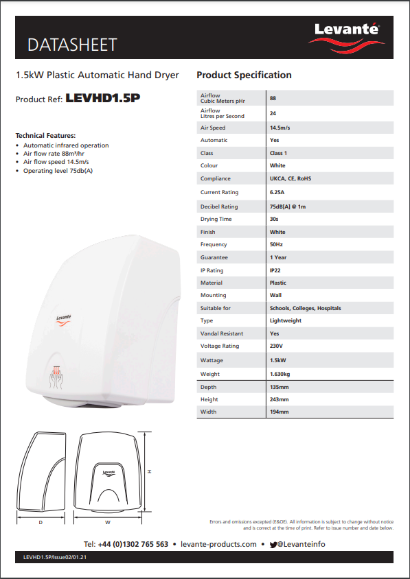 levante 1.5kw plastic automatic hand dryer levante 1.5kw plastic automatic hand dryer
