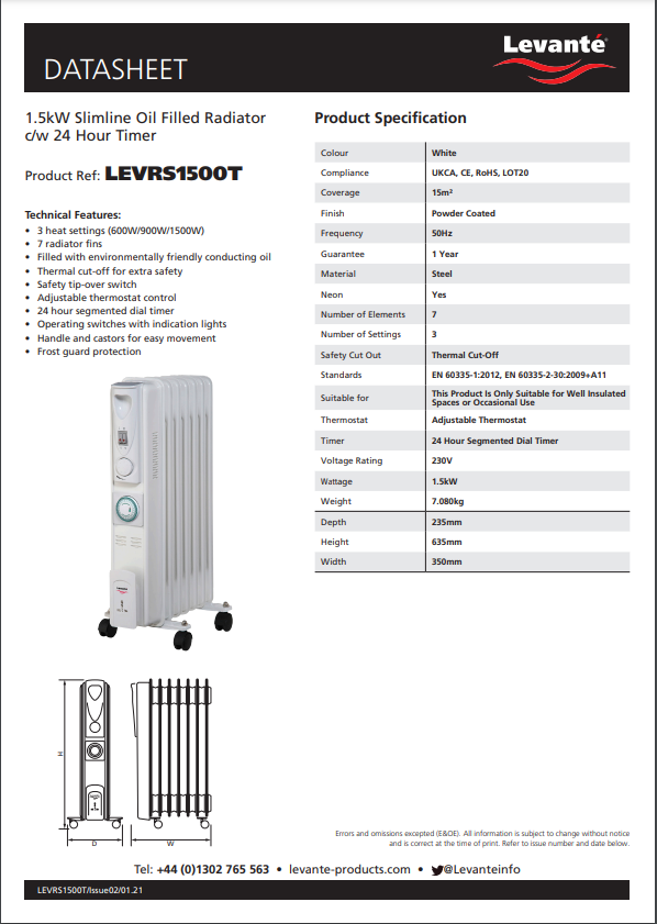 levante 1500 watt oil filled radiator