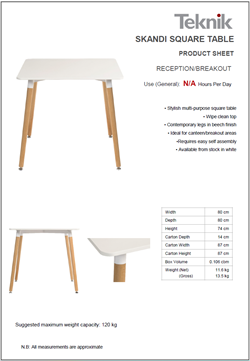 Skandi Square Table Specification Skandi Square Table Specification
