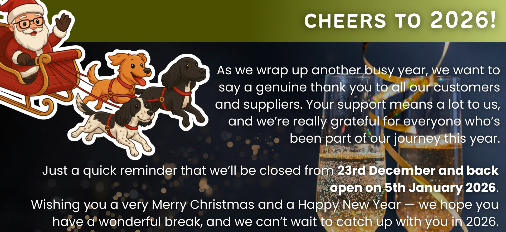 Premier Storage end-of-year message with Christmas thanks, holiday closure dates and New Year wishes for 2026.