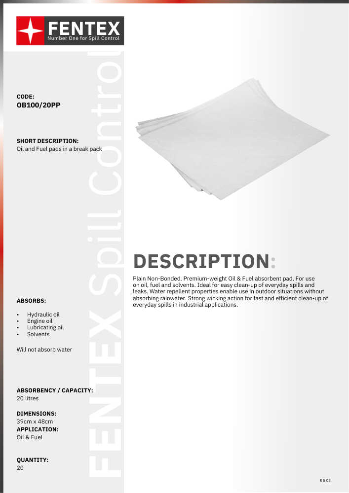 Fentex Oil & Fuel Absorbent Pads - Plain - Premium Weight