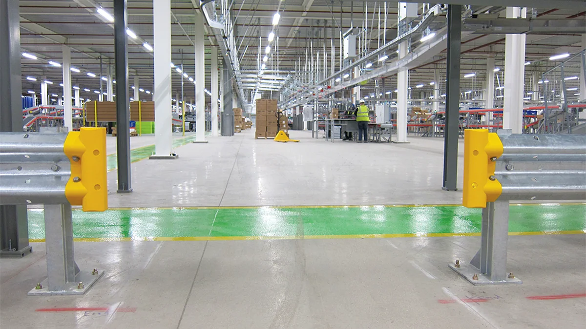 Warehouse safety barrier system protecting pedestrian and vehicle areas