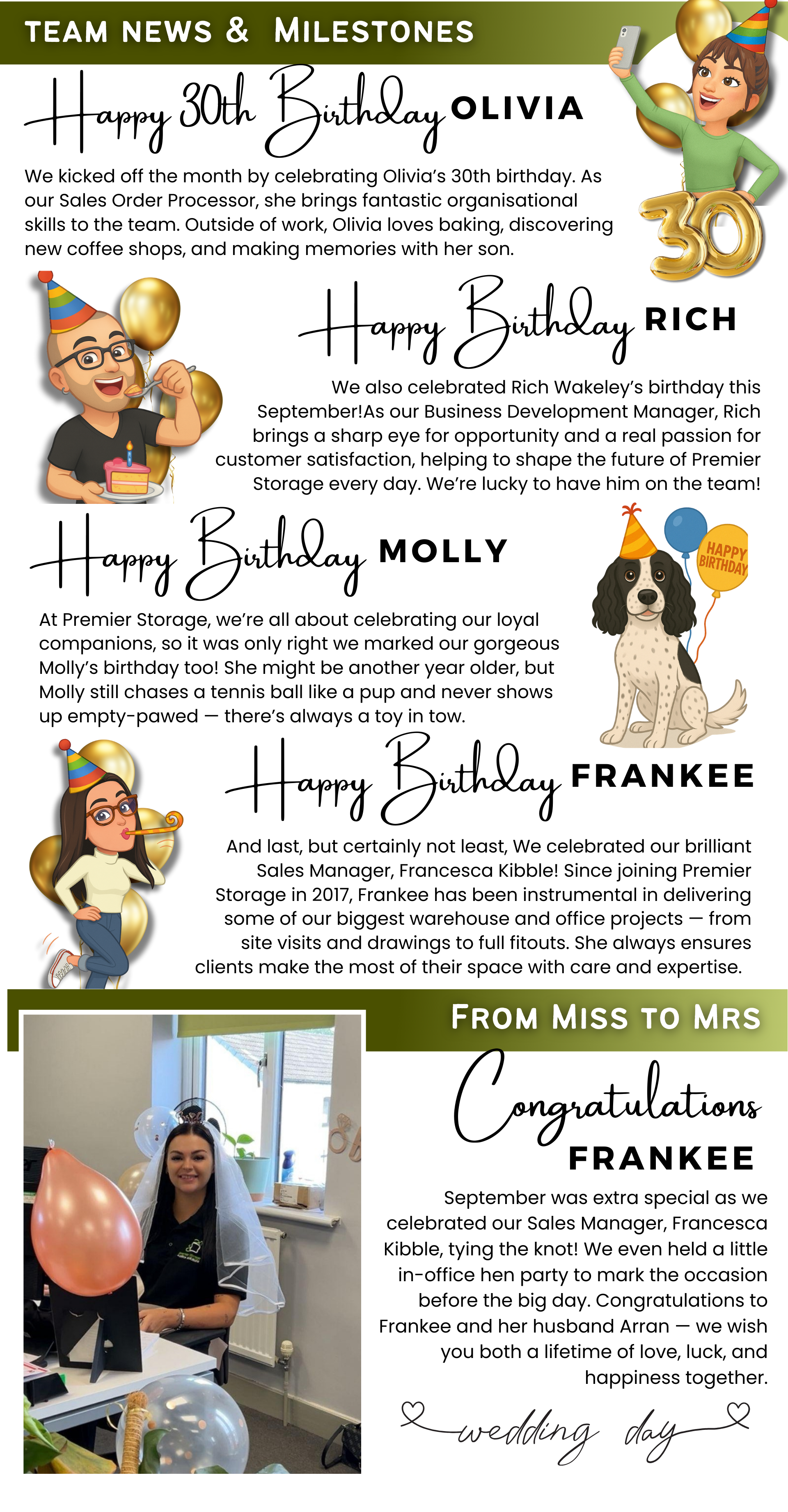 Premier Storage September team news and milestones with birthdays and wedding celebration.