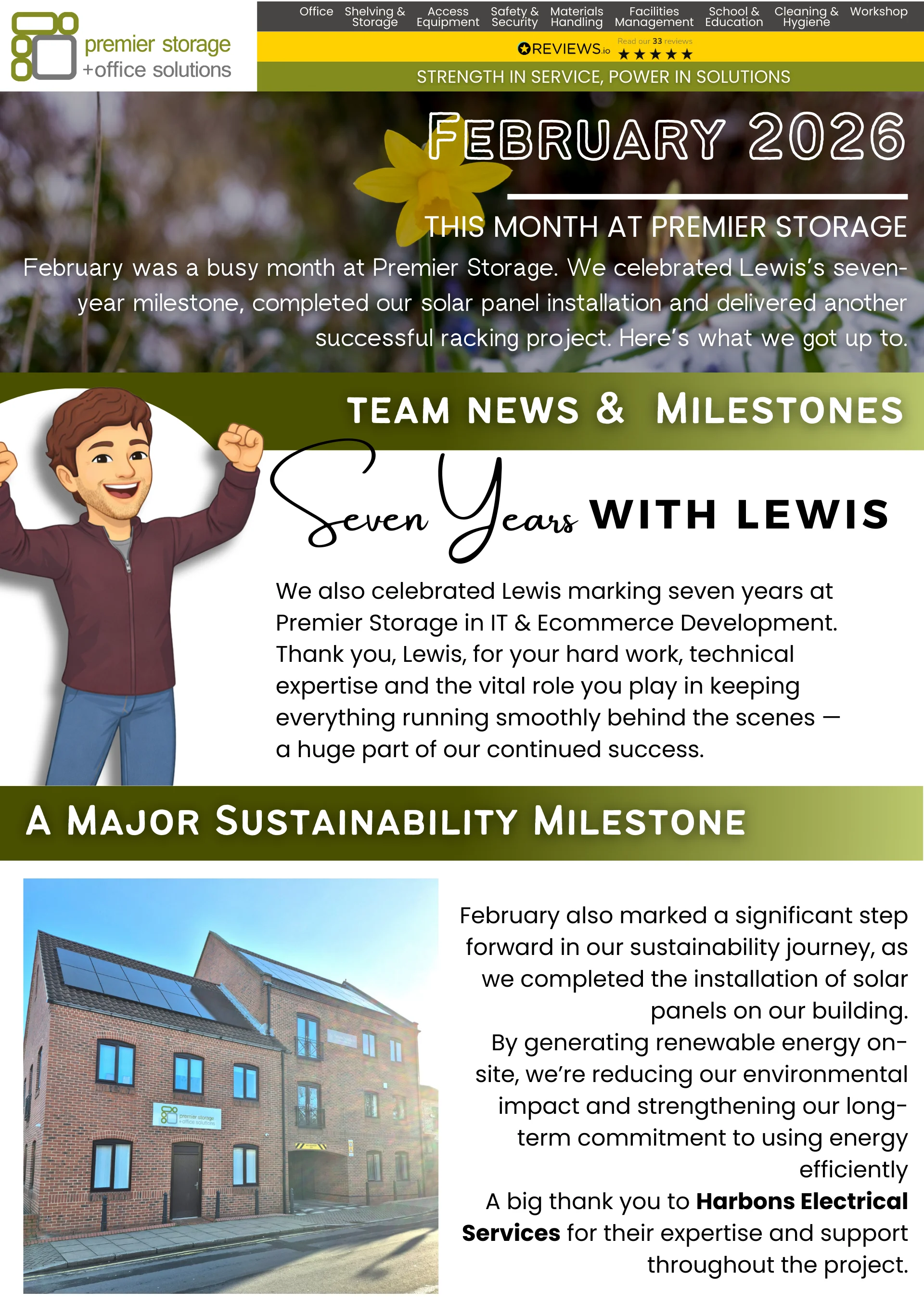 February 2026 Premier Storage newsletter featuring team milestones and a solar panel sustainability update.