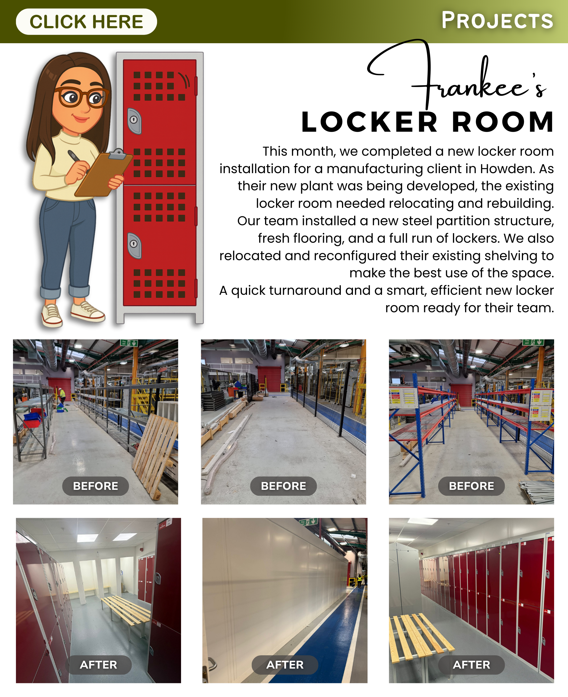 Newsletter section showcasing Frankee’s locker room project, including a cartoon avatar inspecting a red locker, project summary text, and before-and-after photos of the refurbished locker room.