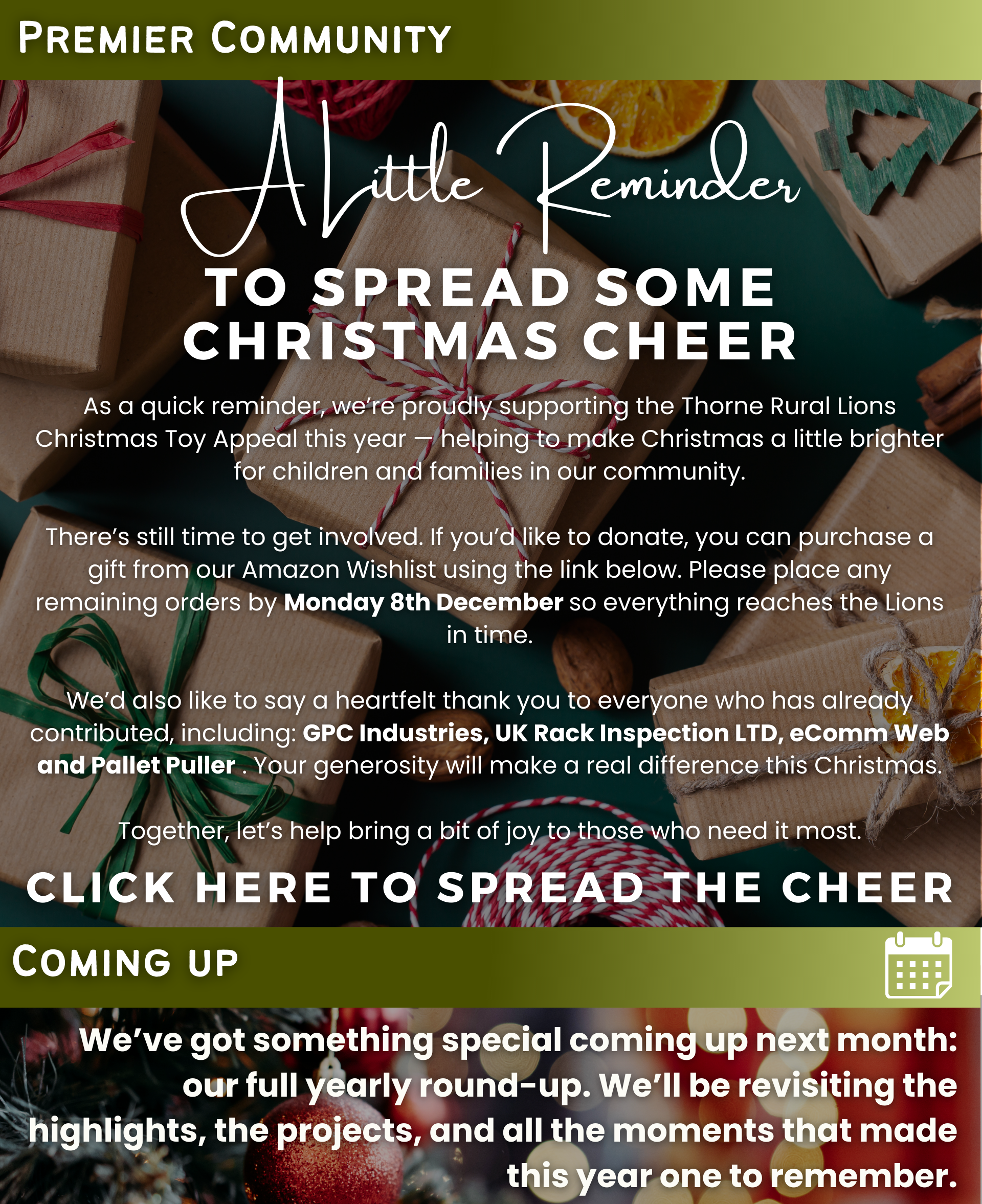 Newsletter section reminding readers about the Thorne Rural Lions Christmas Toy Appeal, thanking contributing companies, and previewing next month’s yearly round-up.