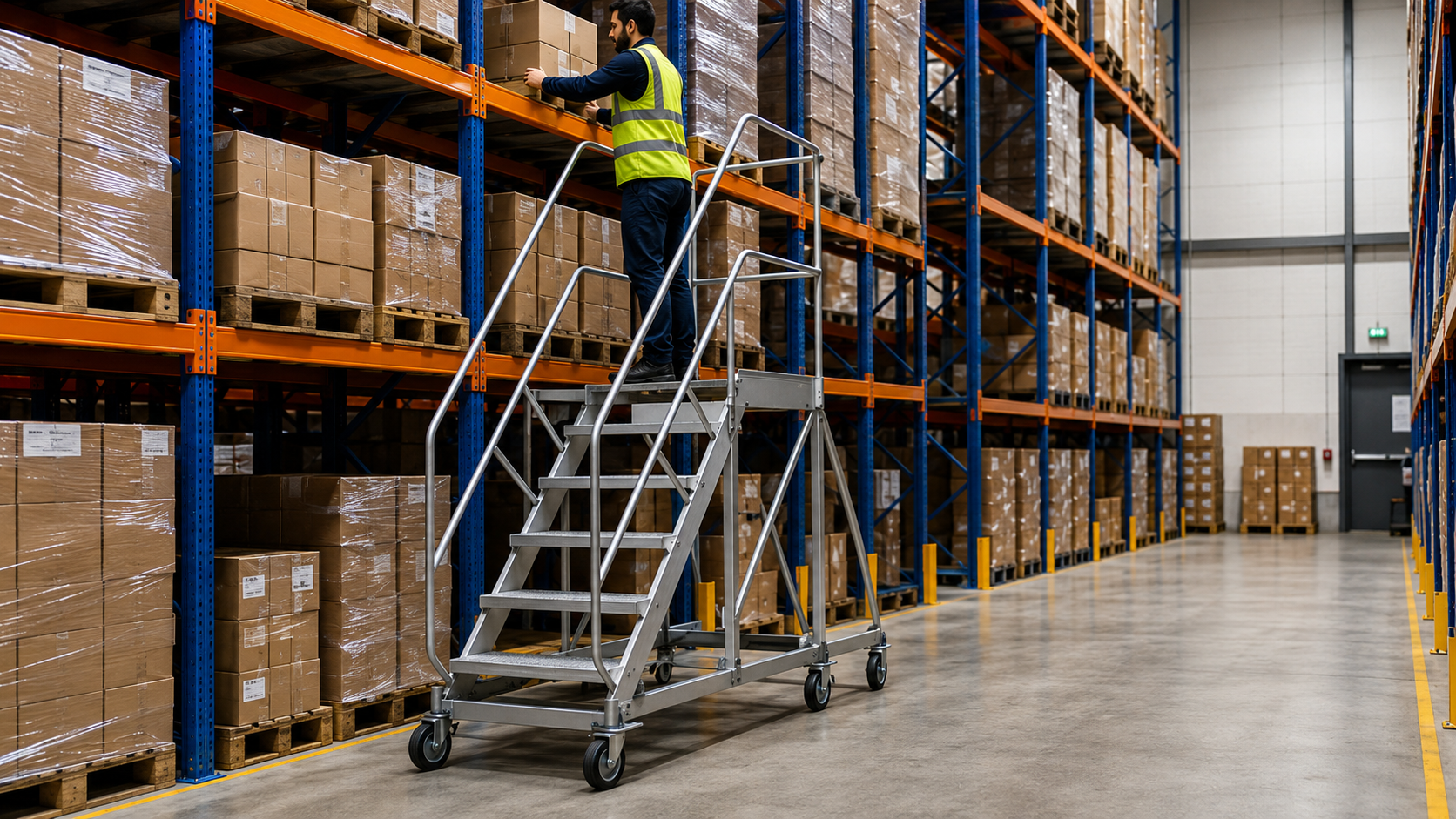 Mobile warehouse steps positioned beside industrial warehouse shelving