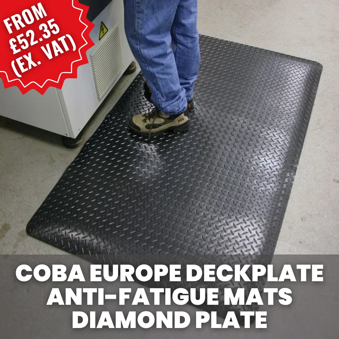 COBA Cobaelite bubble anti-fatigue mat in use, with worker standing on raised bubble surface to reduce fatigue in industrial and warehouse environments.
