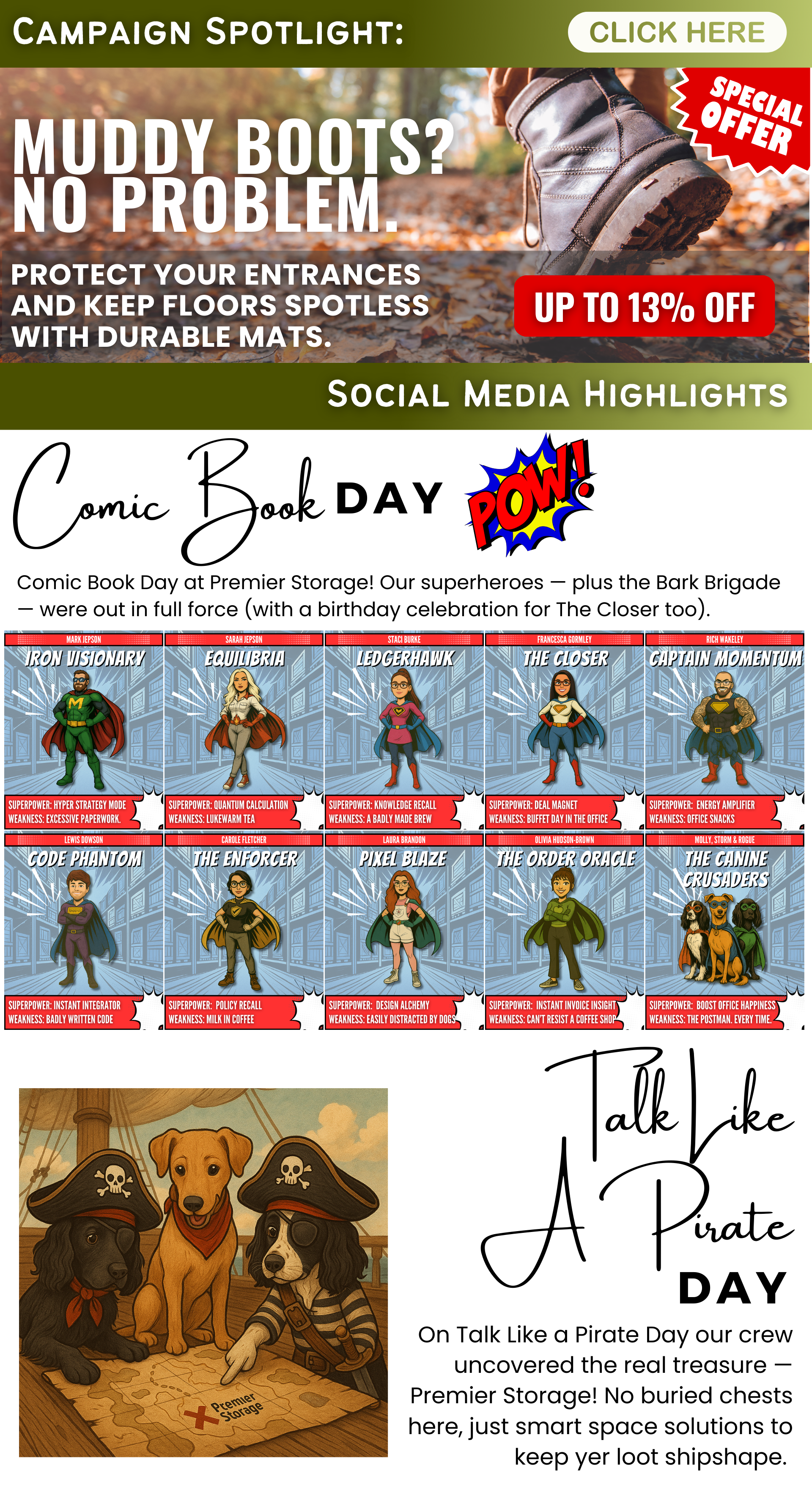 Premier Storage September campaign spotlight on mats promotion, Comic Book Day superheroes, and Talk Like a Pirate Day with office dogs.