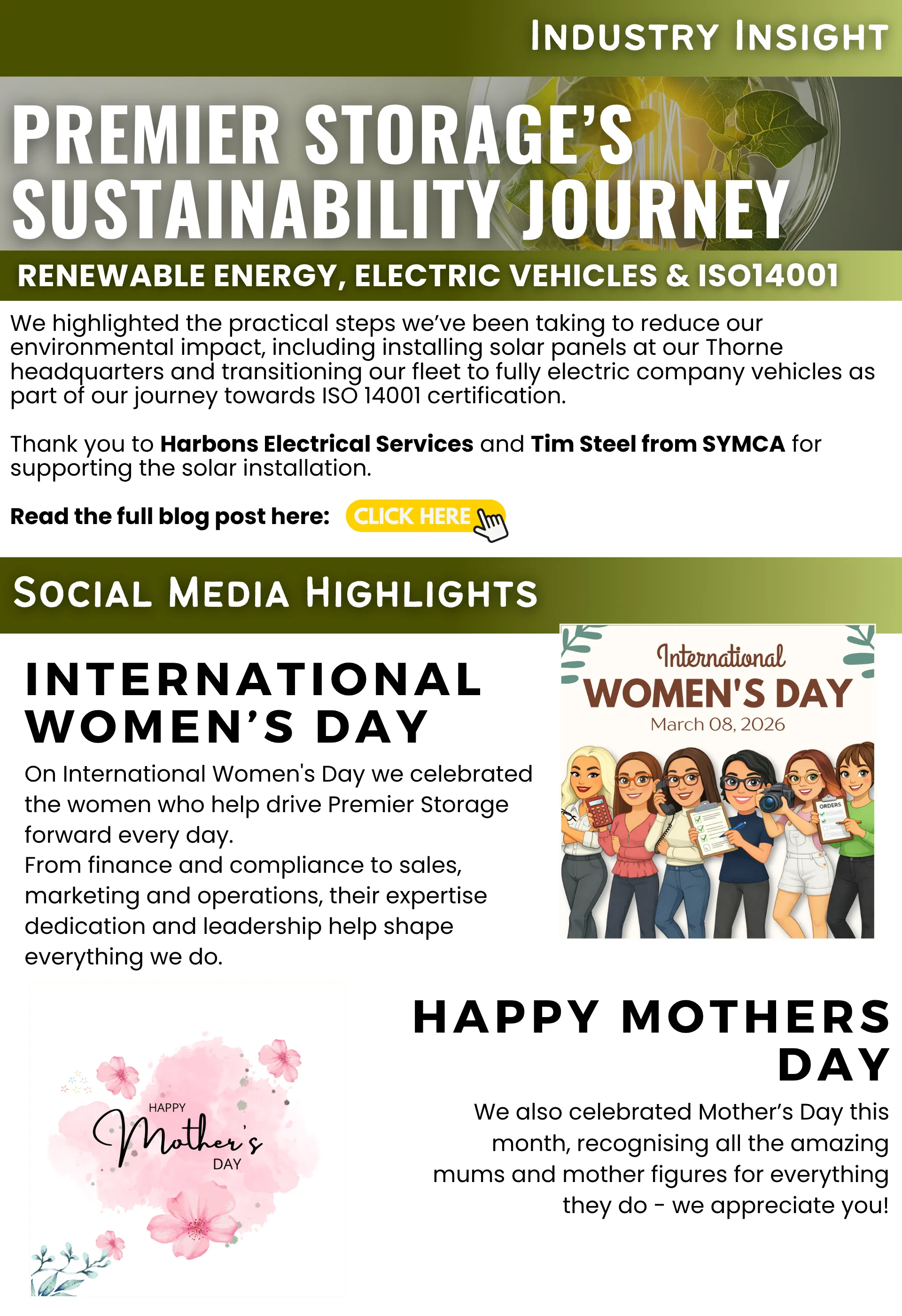 Premier Storage March 2026 monthly round-up graphic featuring a sustainability section about solar panels, electric vehicles and the journey towards ISO 14001, plus social media highlights for International Women’s Day and Mother’s Day.