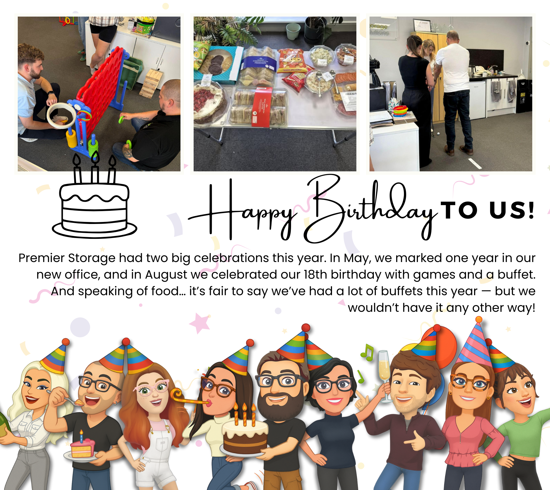 Premier Storage 18th birthday and office anniversary celebrations featuring team activities and buffet food.
