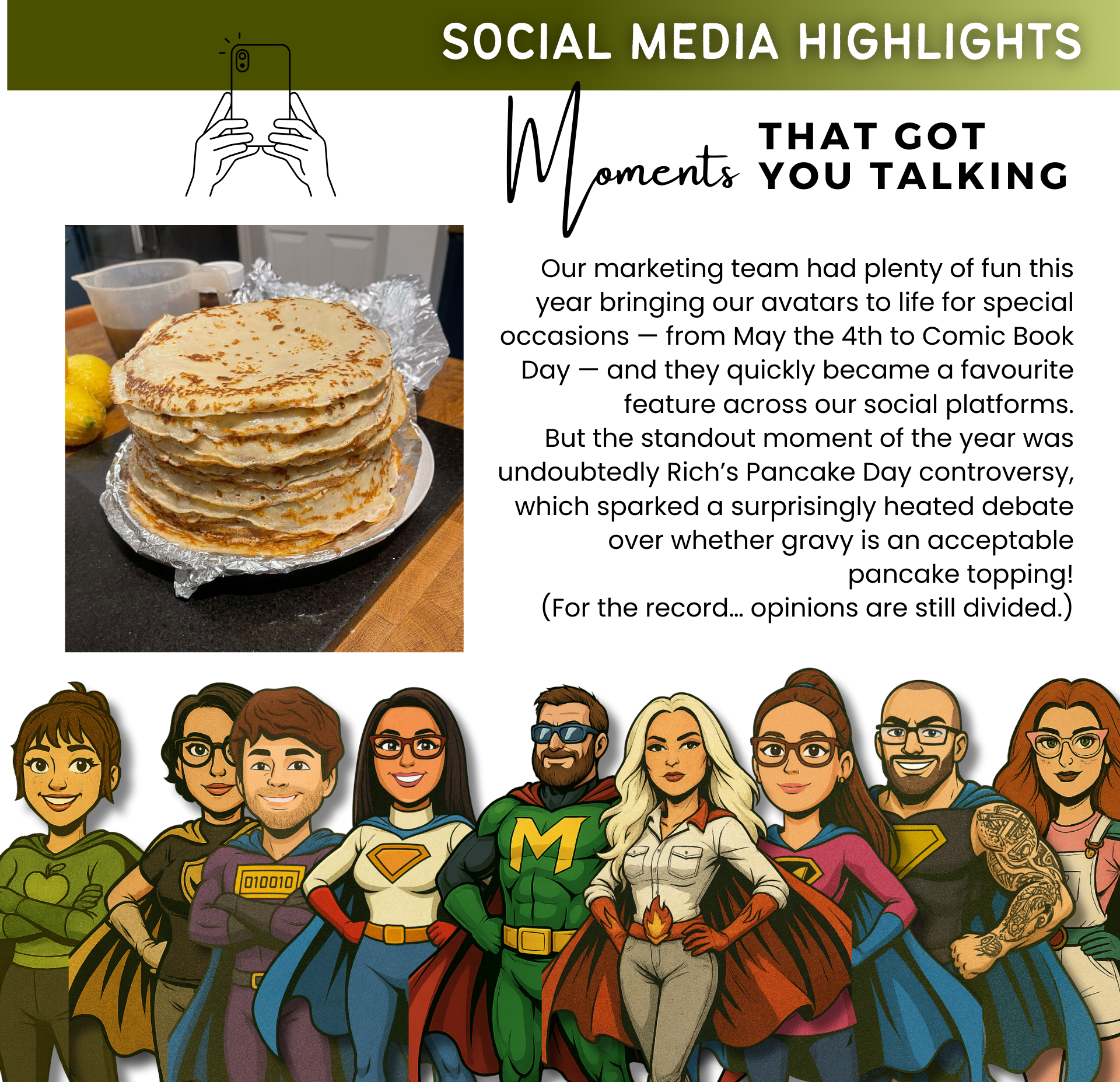 Premier Storage social media highlights showing Pancake Day content and branded team avatars.