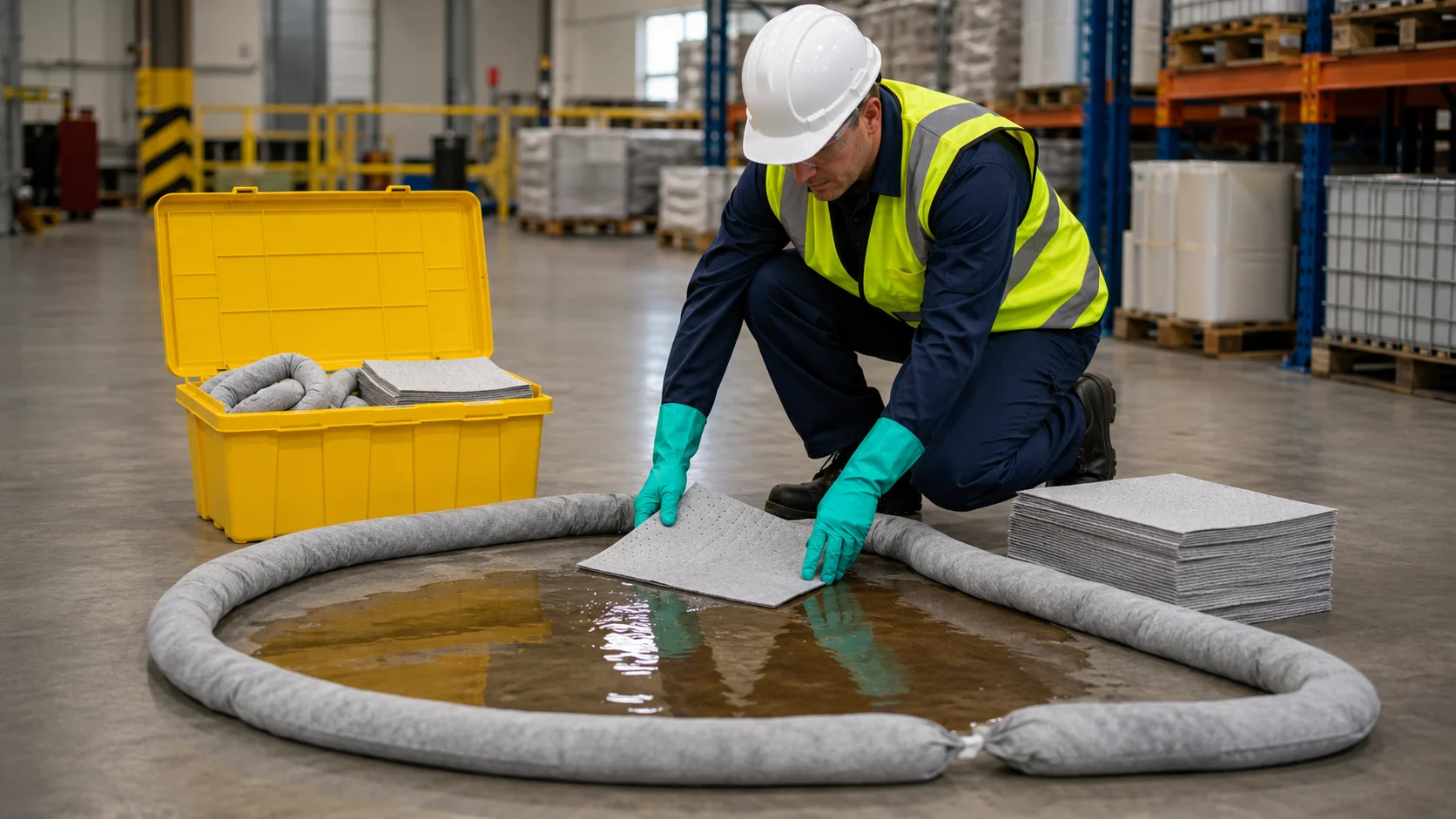 Workplace spill response using absorbent pads, socks and a spill kit