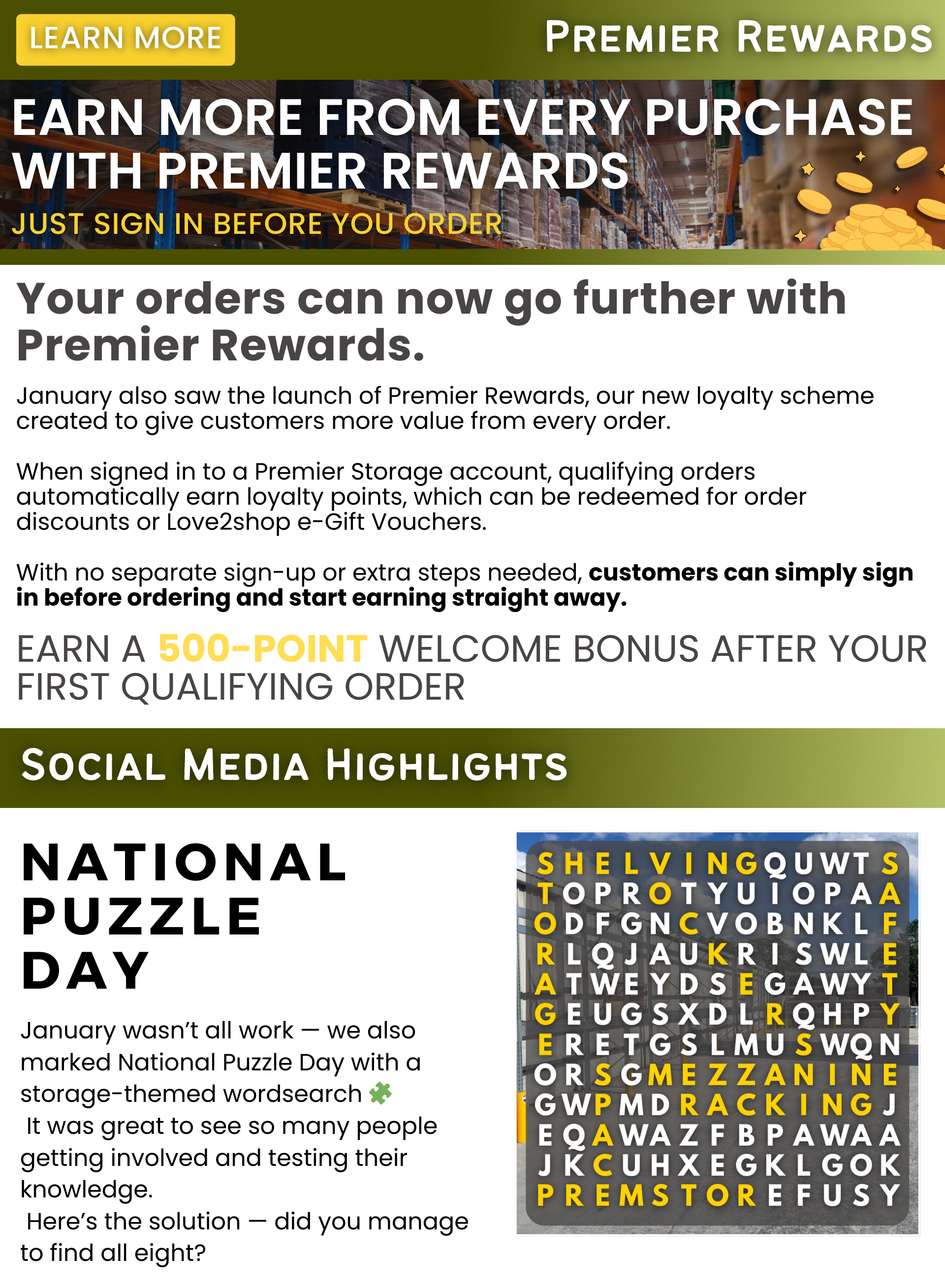 Premier Storage January 2026 newsletter section highlighting the launch of Premier Rewards and a National Puzzle Day social media wordsearch.