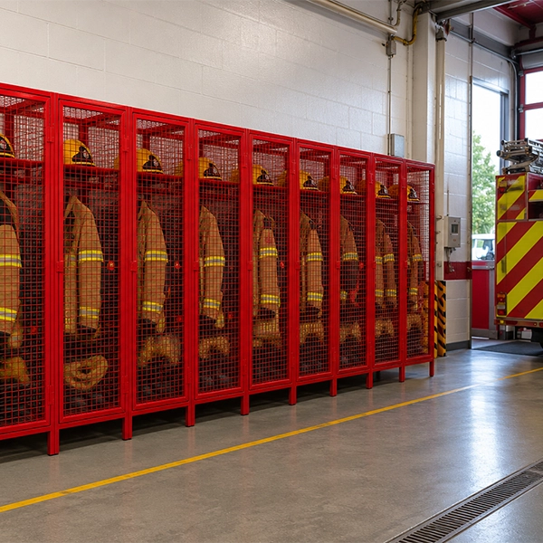 Red wire mesh fire service lockers storing firefighter PPE and clothing