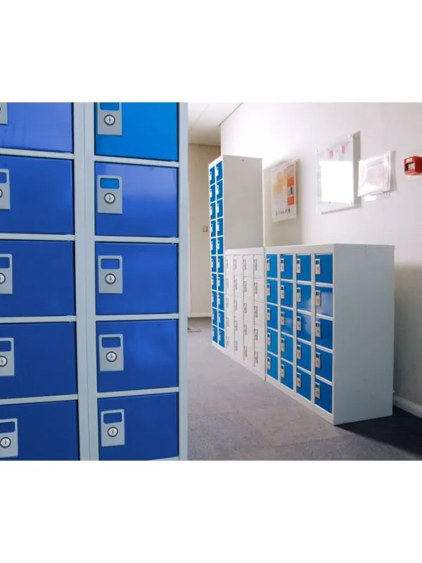 Blue multi-compartment lockers for secure personal belongings