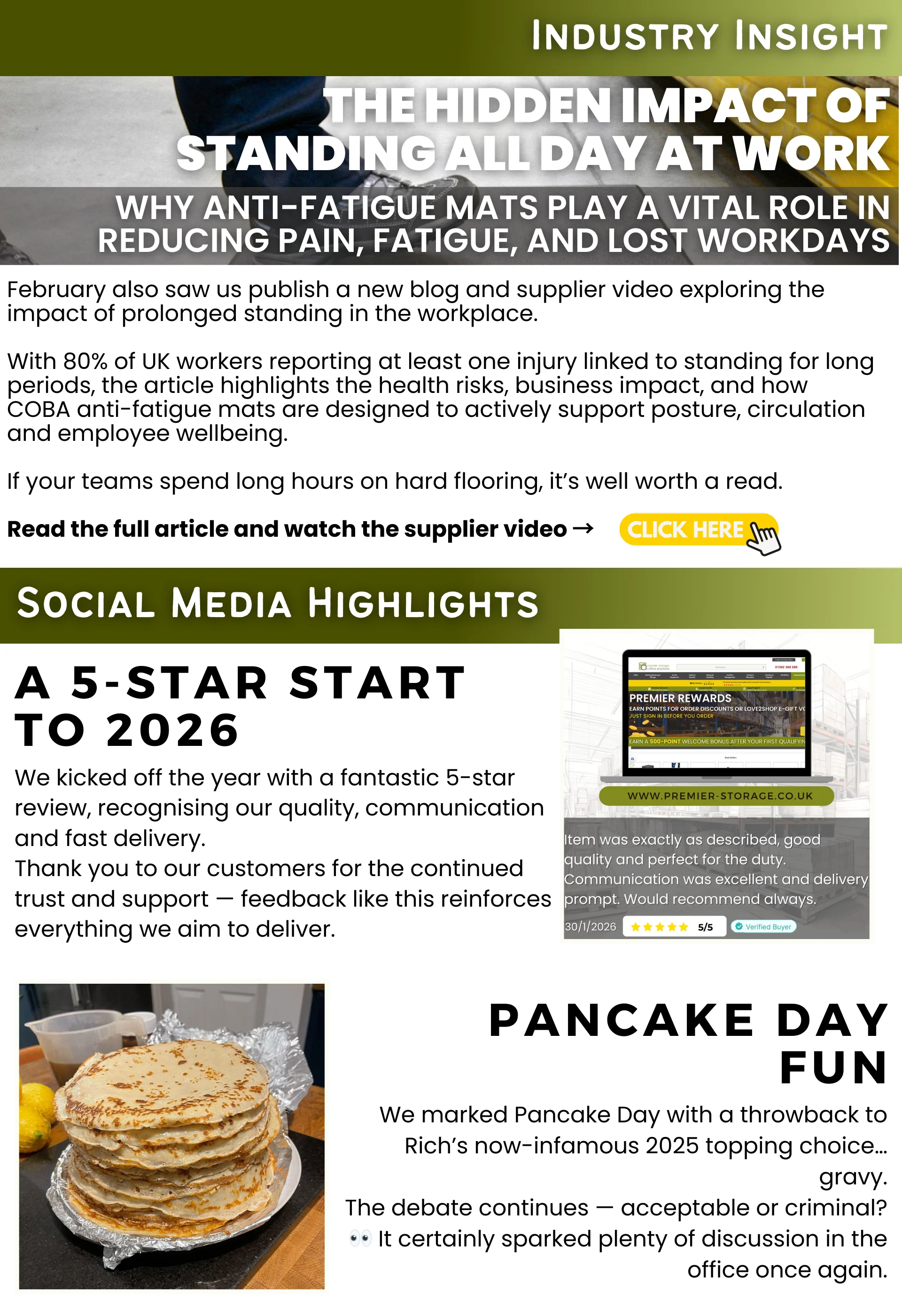 Industry insight on anti-fatigue mats and social media highlights from February, including a 5-star review and Pancake Day post.