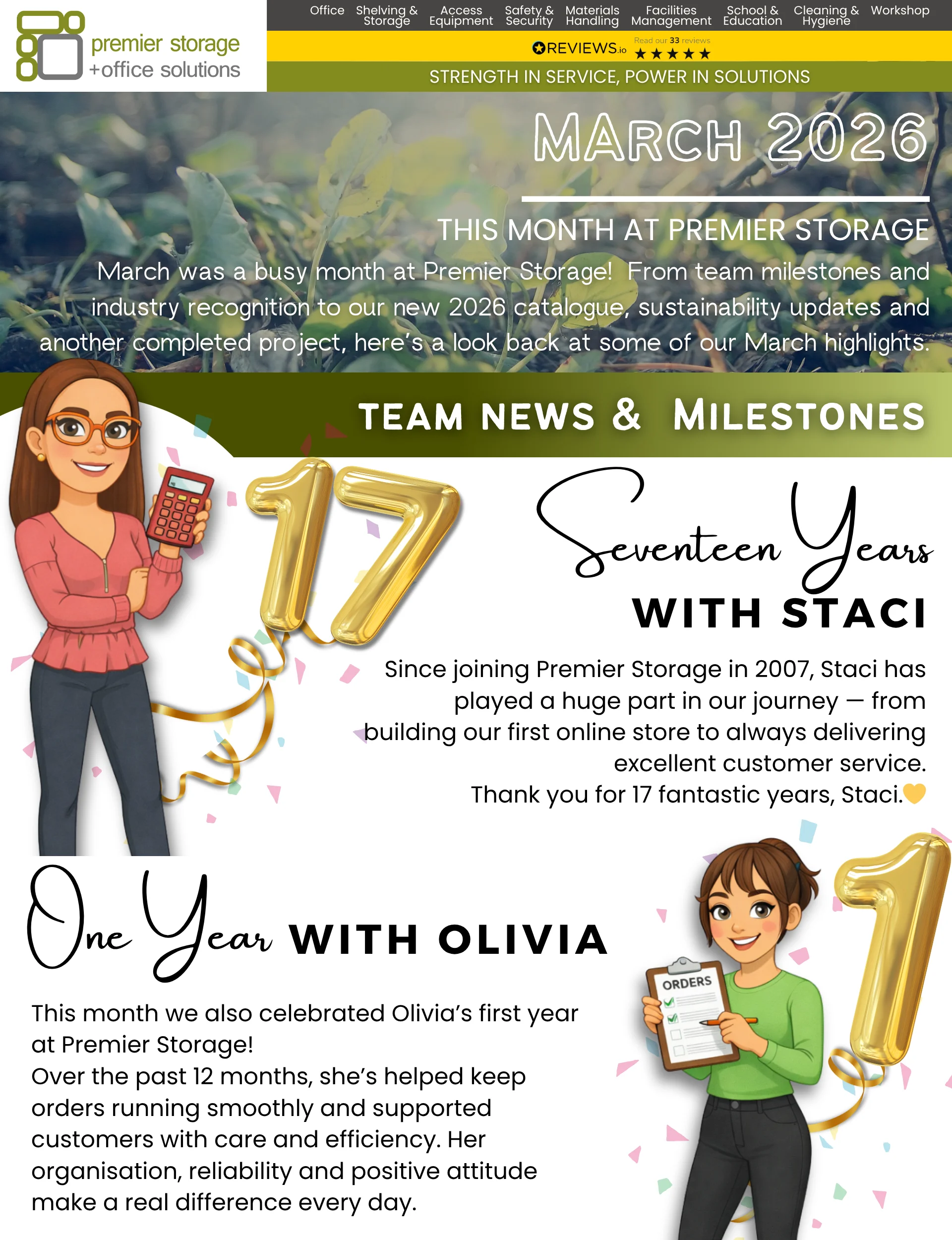 Graphic for Premier Storage’s March 2026 monthly round-up featuring team news and milestones, including Staci’s 17-year anniversary and Olivia’s first year with the company, with branded colours, avatars and celebratory gold number balloons.