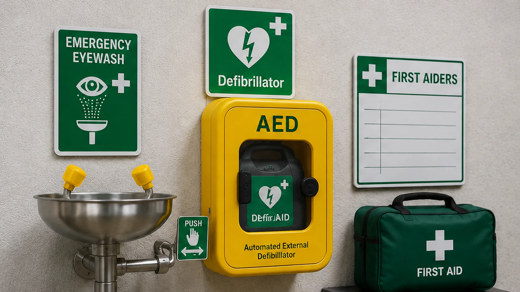 Workplace Emergency First Aid Equipment Emergency first aid equipment including an eyewash station, defibrillator and clearly marked first aid point