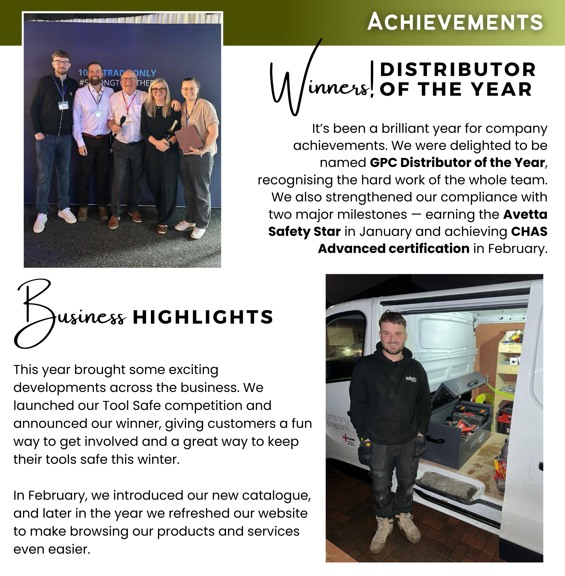 Premier Storage achievements section highlighting GPC Distributor of the Year and business initiatives.