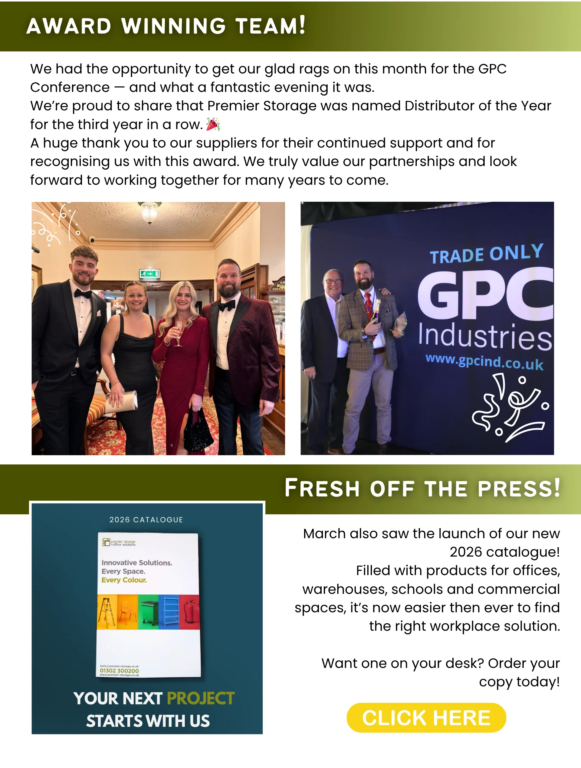 Premier Storage March 2026 monthly round-up graphic featuring an award-winning team section about winning Distributor of the Year at the GPC Conference for the third year running, alongside event photos, and a new 2026 catalogue feature with catalogue cover image and a call to order a copy.