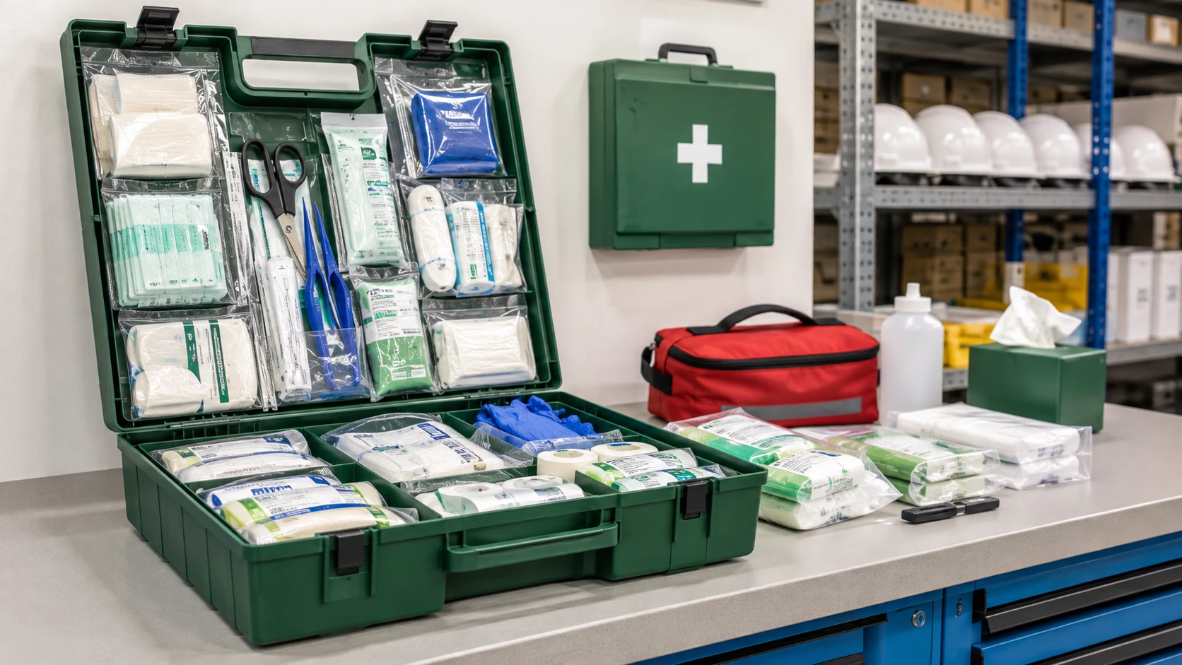 Stocked Workplace First Aid Kit Stocked workplace first aid kit with dressings, bandages and essential first aid supplies