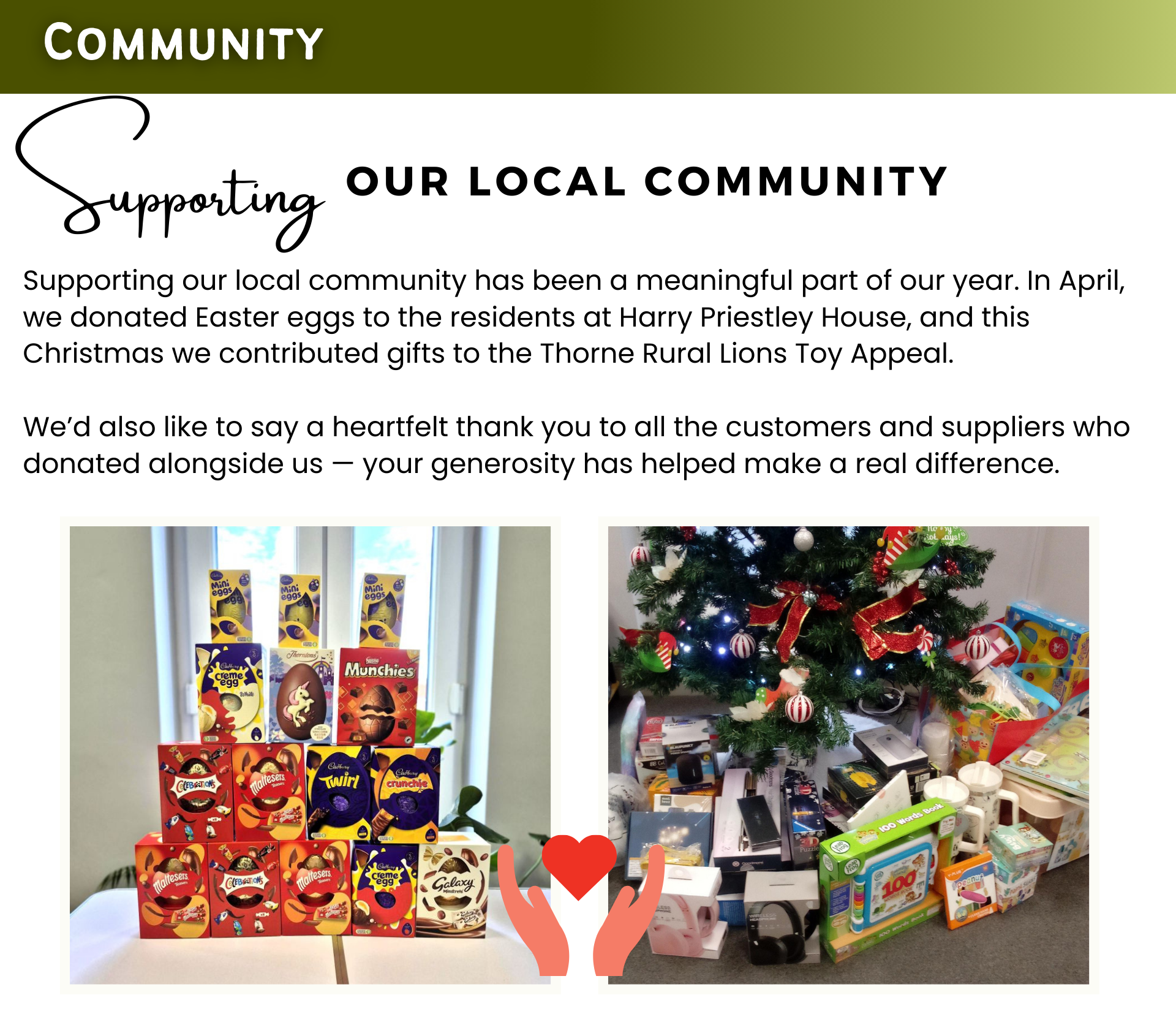 Premier Storage community support featuring Easter egg donations and gifts for the Thorne Rural Lions Toy Appeal.