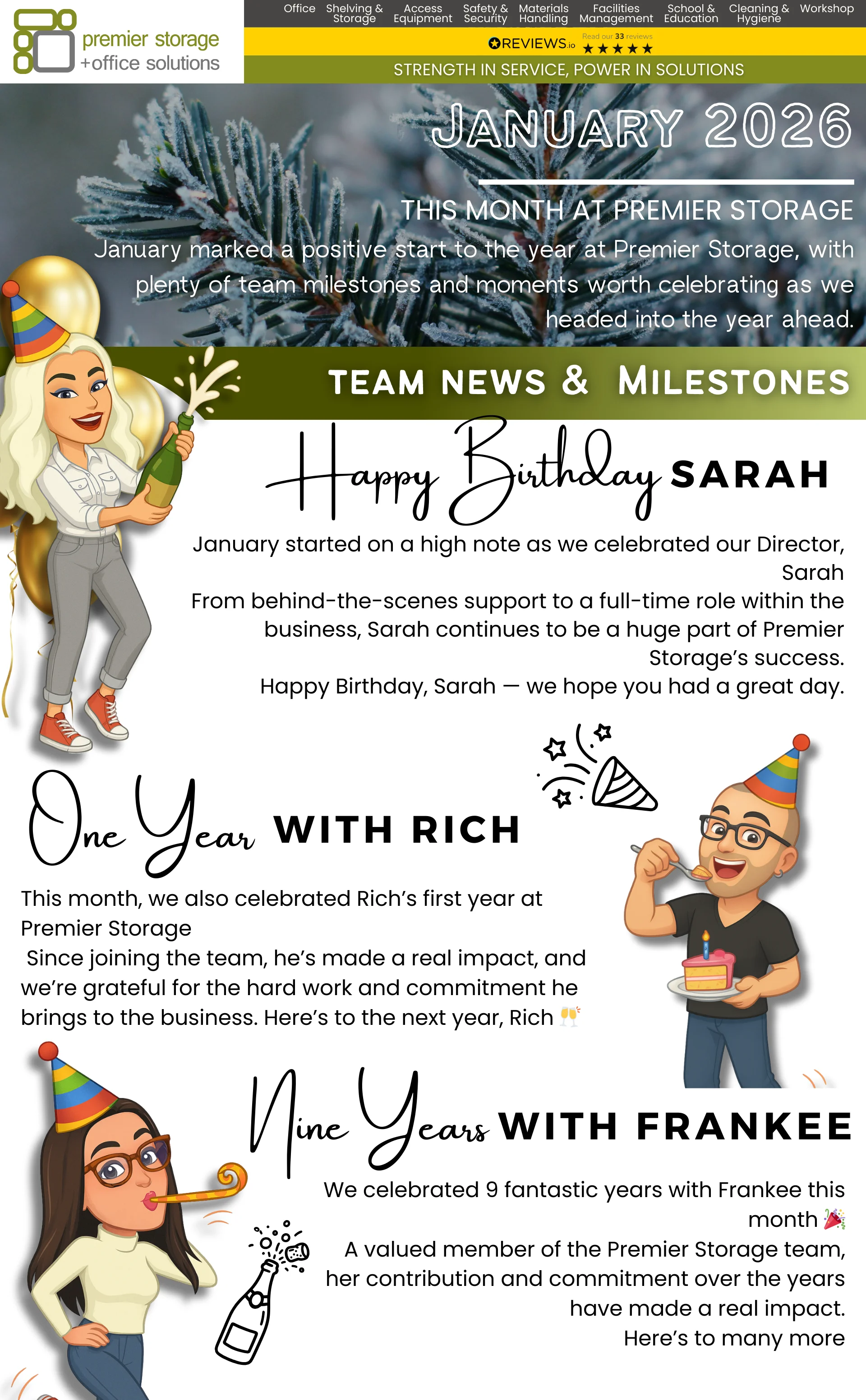 Premier Storage January 2026 newsletter highlighting team news and milestones, including Sarah’s birthday, Rich’s one-year anniversary and Frankee’s nine-year anniversary.
