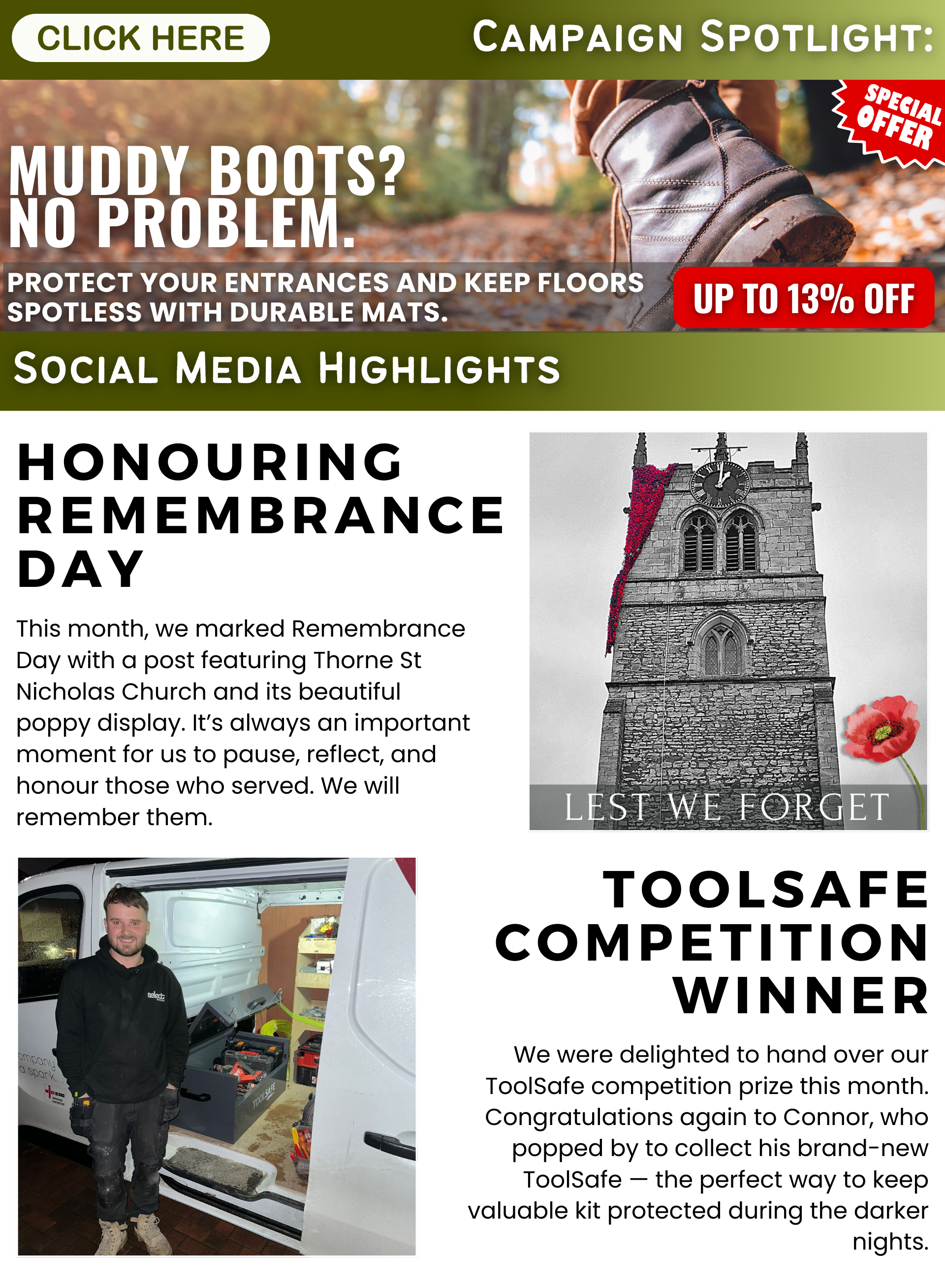 Newsletter section featuring the COBA mats campaign with a muddy boot image, Remembrance Day post with Thorne St Nicholas Church, and a photo of the ToolSafe competition winner beside his van.