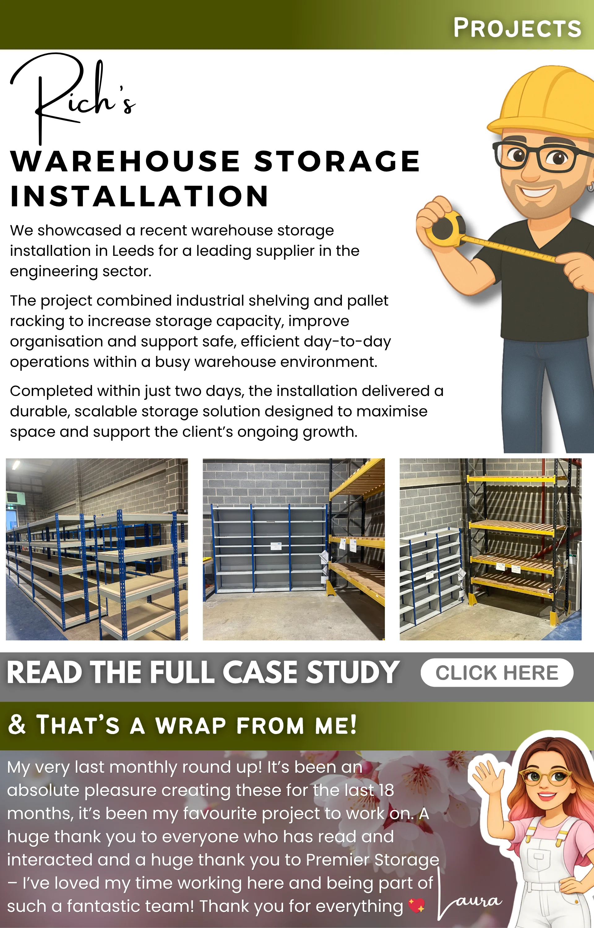 Premier Storage March 2026 monthly round-up graphic featuring a projects section on Rich’s warehouse storage installation in Leeds, with shelving and pallet racking photos, plus a closing farewell message from Laura marking her final monthly round-up.