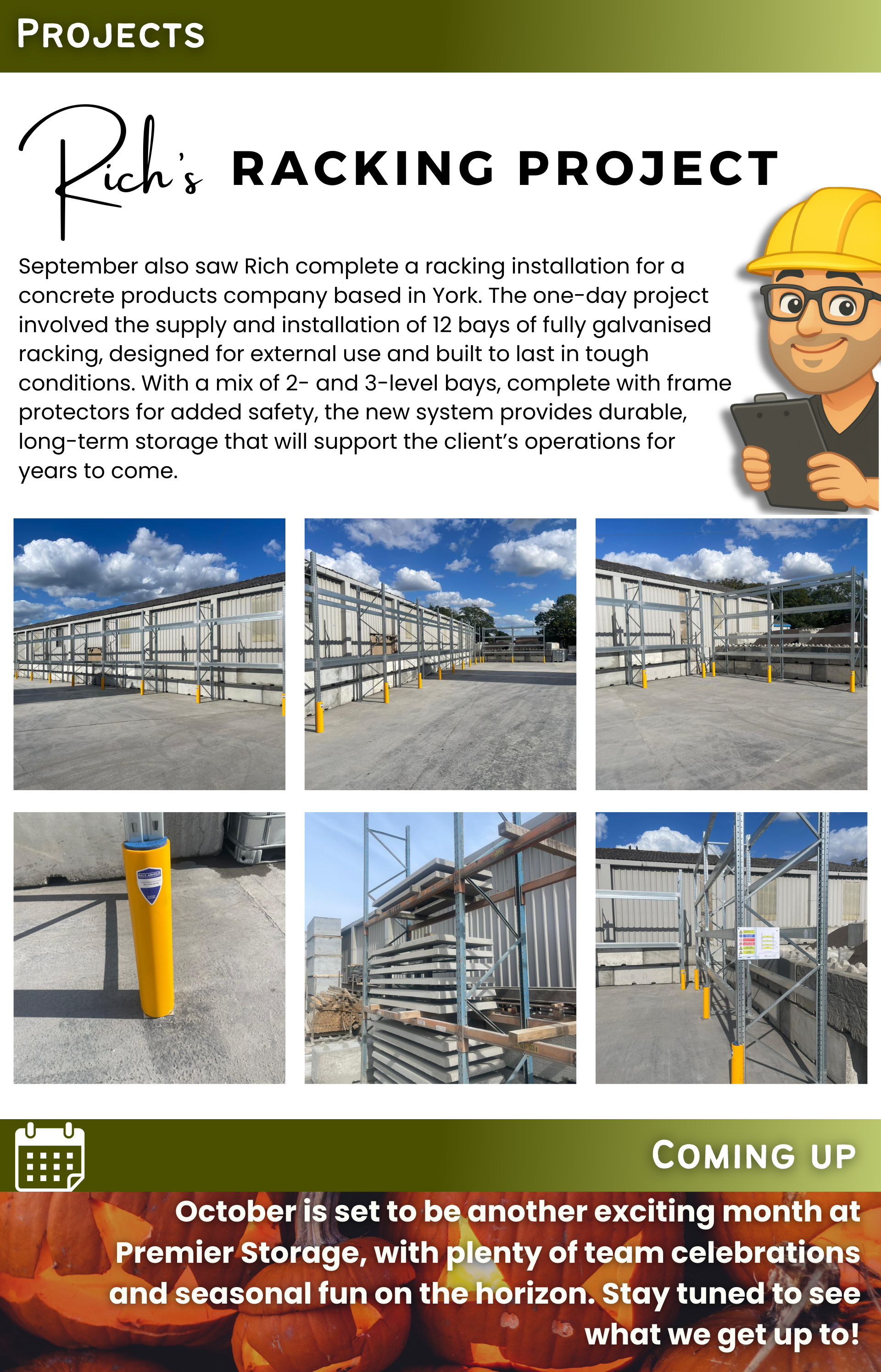 Premier Storage September campaign spotlight on mats promotion, Comic Book Day superheroes, and Talk Like a Pirate Day with office dogs.