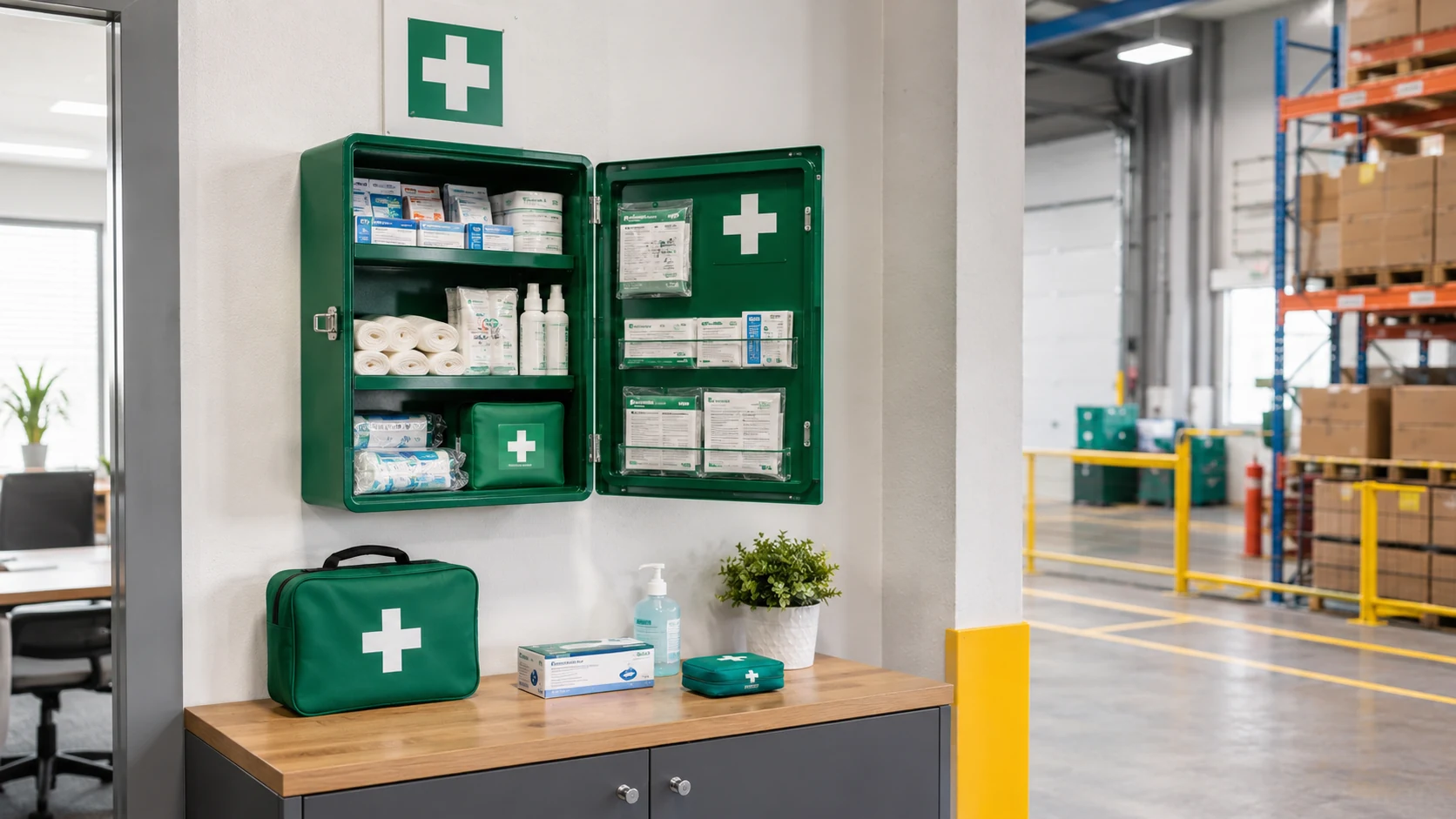 Workplace First Aid Station and Supplies Workplace first aid station with stocked cabinet and first aid supplies