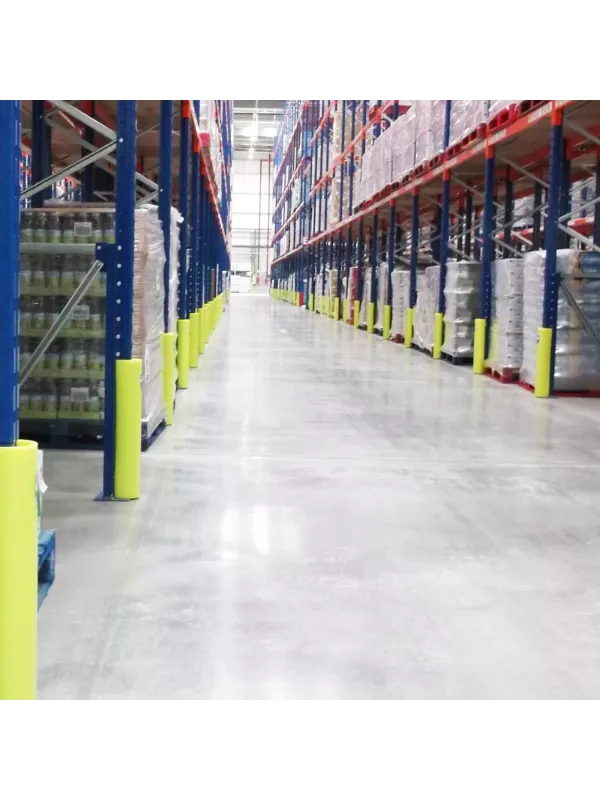Pallet Racking Protection Pallet racking aisle fitted with high-visibility rack upright protection