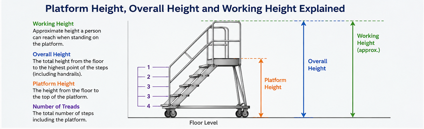 Diagram explaining platform height, overall height, working height and number of treads on warehouse steps