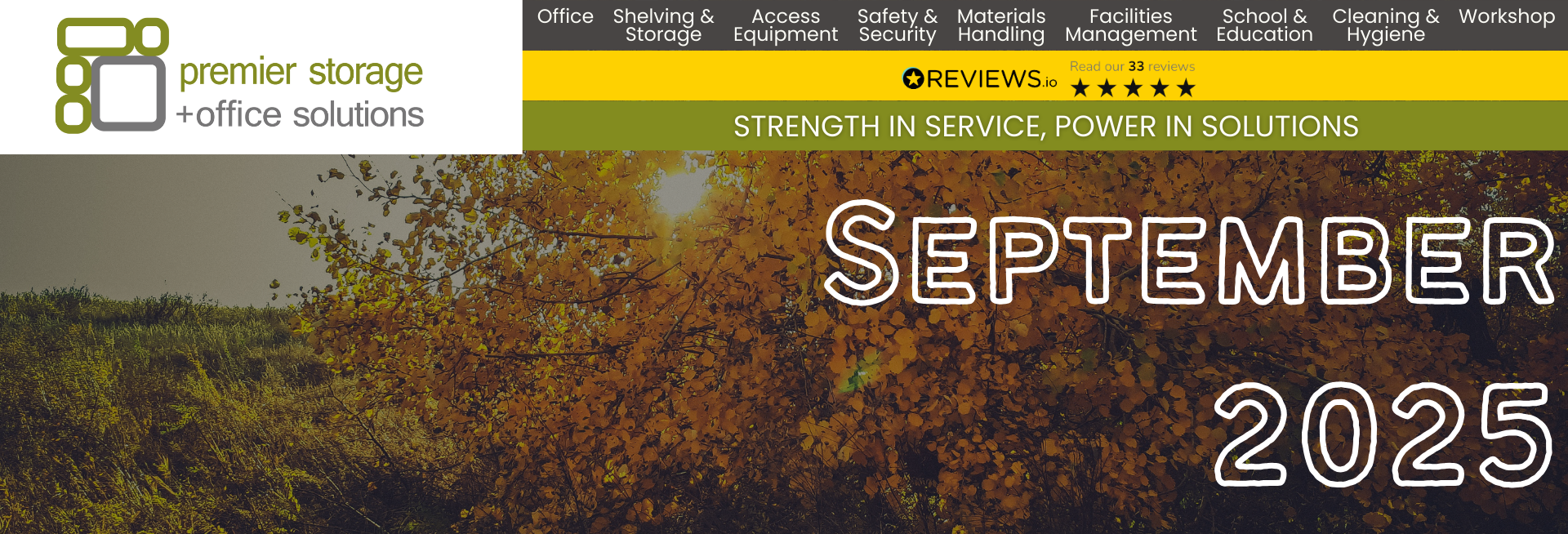 Premier Storage September 2025 Round Up banner with autumn leaves background.