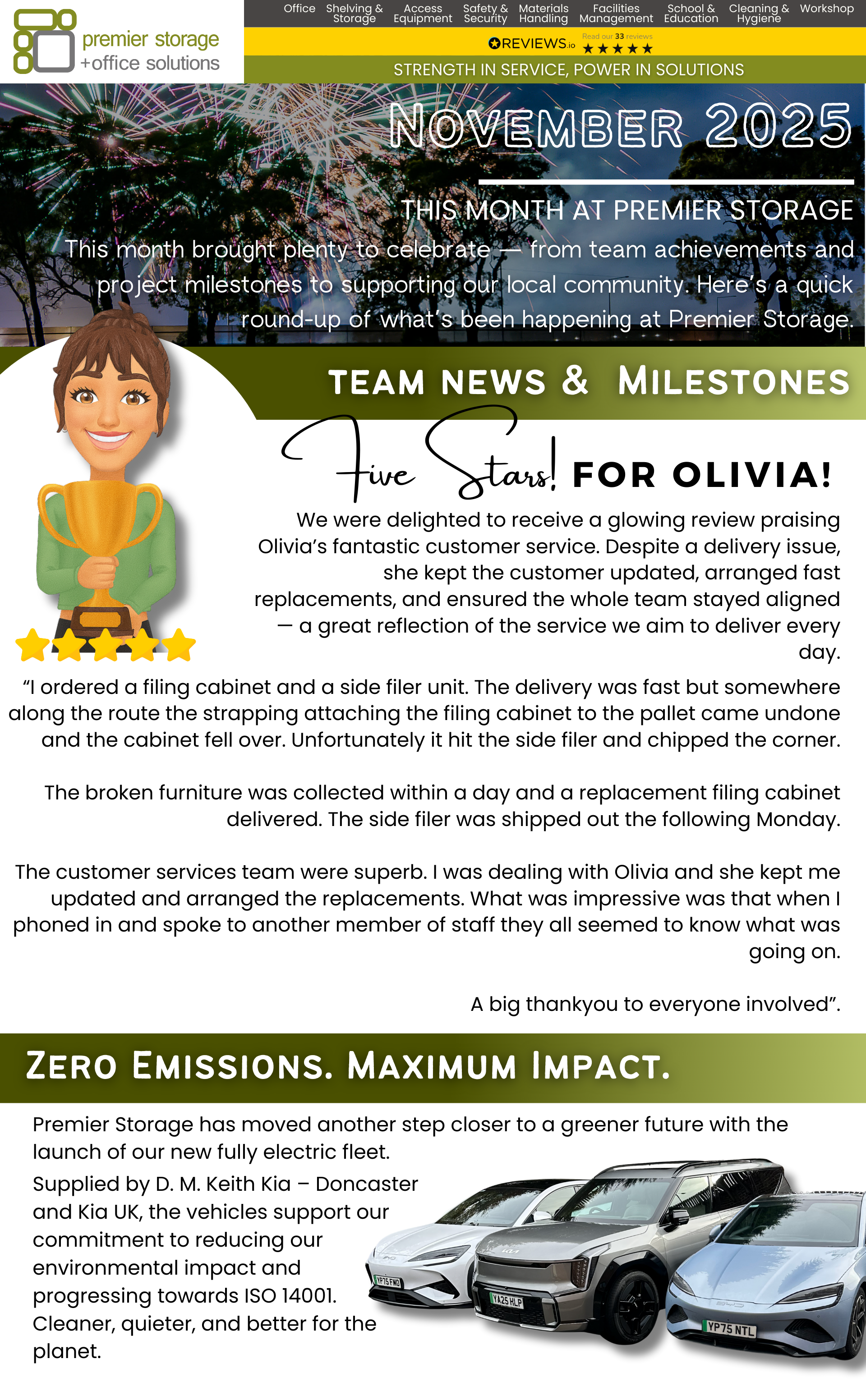 Newsletter section showing Olivia’s five-star customer review with her cartoon avatar holding a trophy, followed by a section introducing Premier Storage’s new fully electric vehicle fleet.